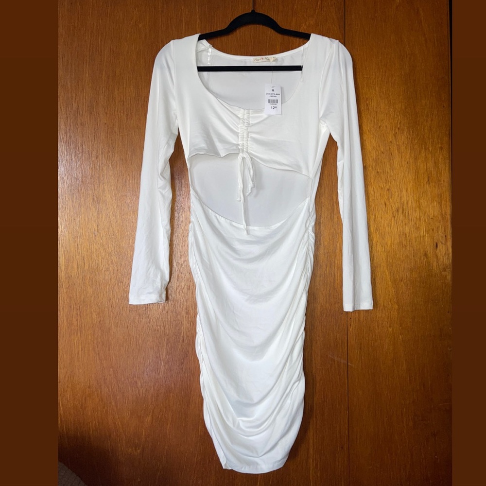 Brand New with Tags- White Midi Long Sleeve Body Con Ruched Key Hole Drawstring